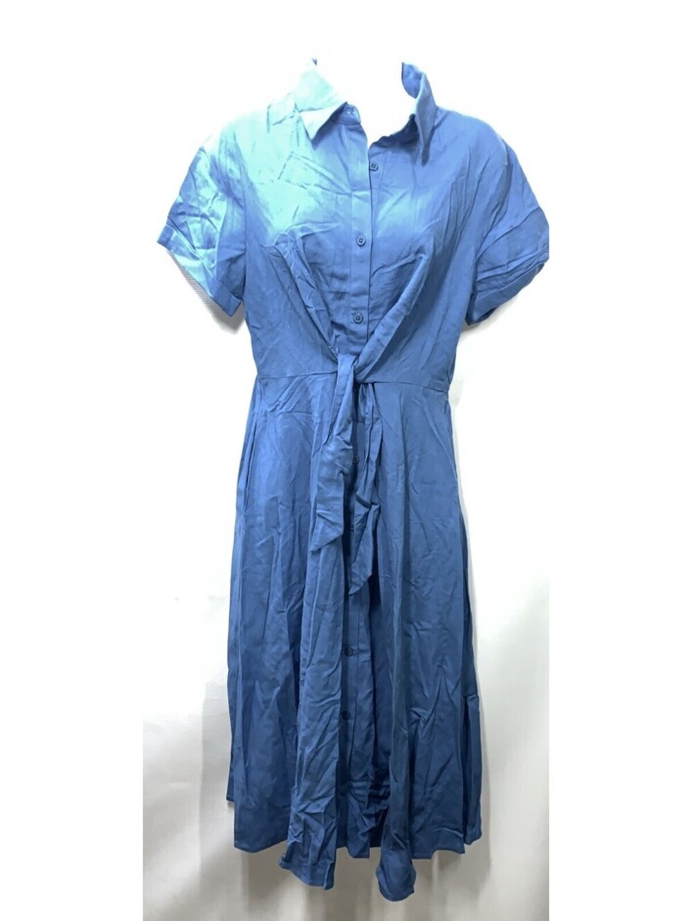 GRACE KARIN Linen Dress Tie Front Button Up Blue Medium Collared SHort Sleeve